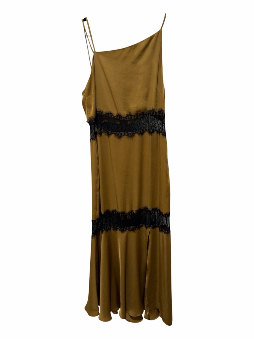 Zara Olive Green Satin Asymmetrical Slip Dress with Black Lace